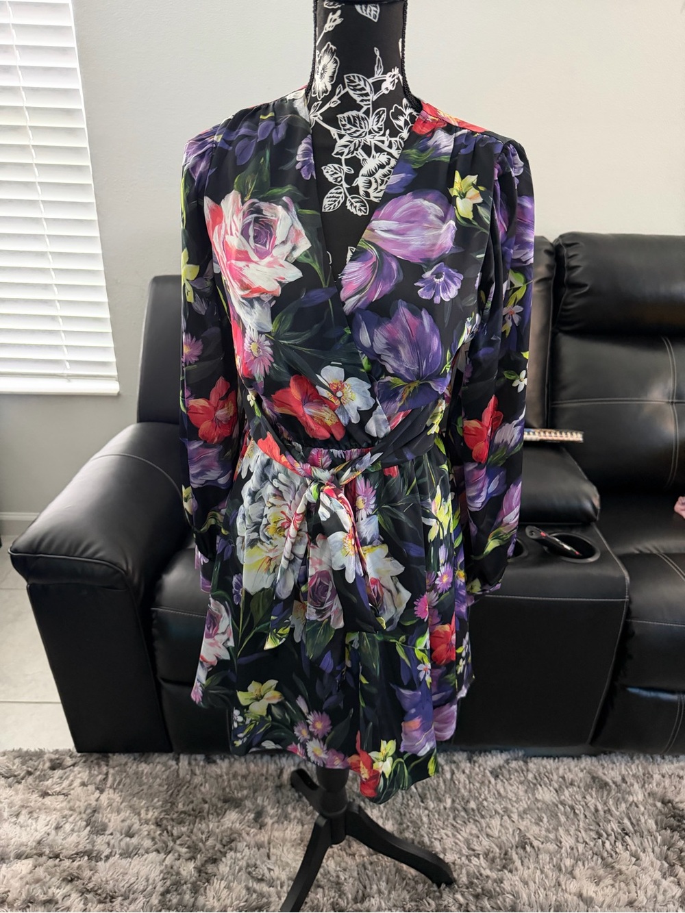 Express Black Floral Long Sleeve Wrap Dress - Multicolor Blooms